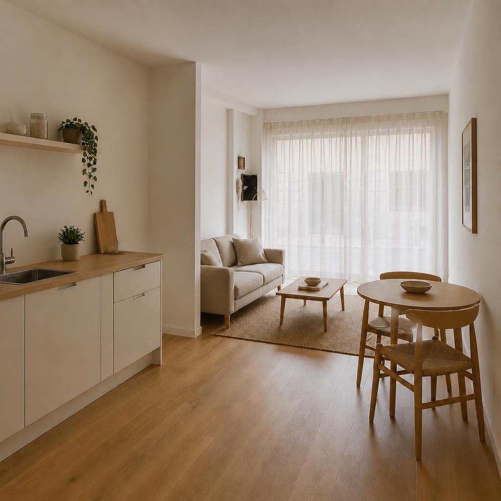 Interior reformado con visillos traslúcidos que preservan la luz natural y limitan la vista desde la calle